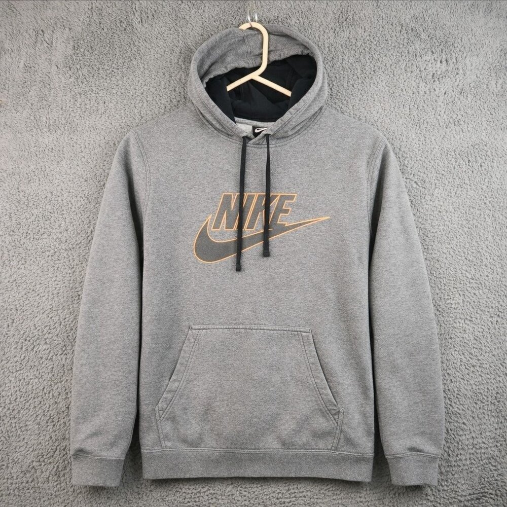 Nike Hoodie Mens Medium Y2K Center Swoosh Logo Spellout Gray Pullover Sweatshirt